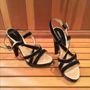 Versace Black and Gold velvet strap Chunky Heels